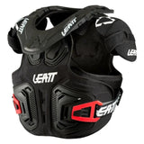 Black protective chest armor with red accents on a white background, featuring the Leatt brand.