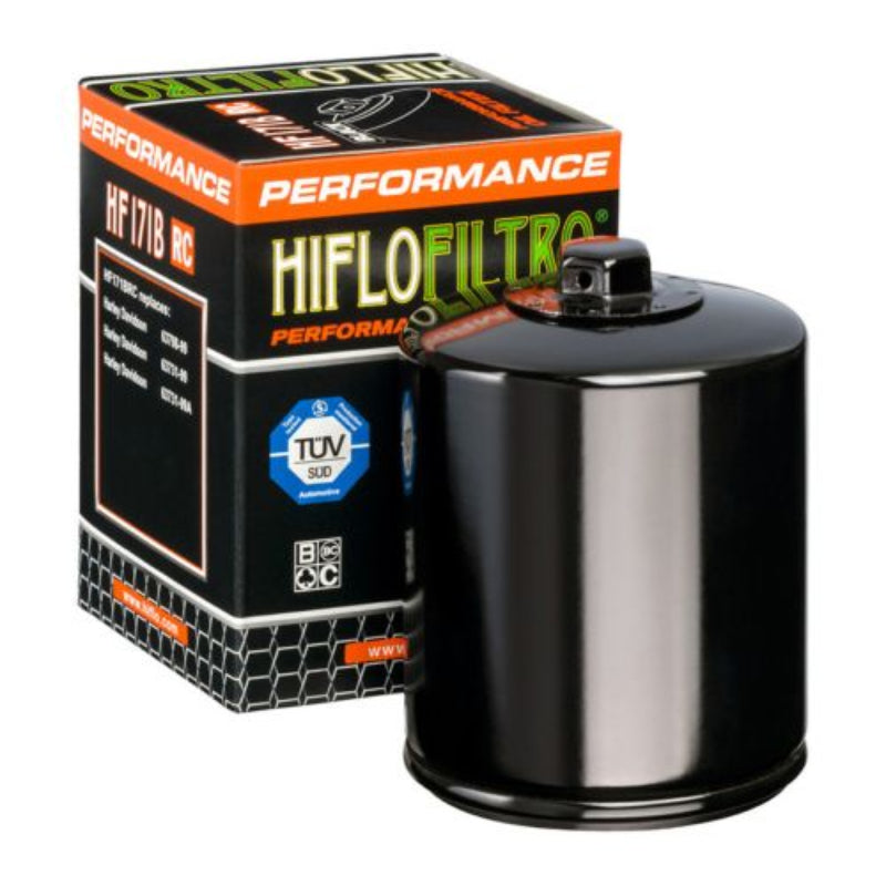 Hiflofiltro HF171BRC black performance motorcycle oil filter with integrated removal nut displayed beside its retail box.