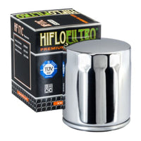 Hiflofiltro HF171C chrome premium motorcycle oil filter displayed beside its retail box.
