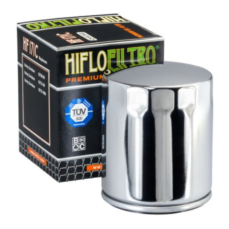 Hiflofiltro HF171C chrome premium motorcycle oil filter displayed beside its retail box.