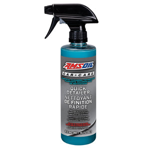 Bottle of AMSOIL Car Care Quick Detailer can be used on motorcycles  on a white background