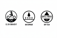 Feature icons highlighting the Joe Rocket Iron Age Waterproof Motorcycle Cruiser Boot certifications and technologies, including CE EN 13634:2017 certified motorcycle footwear, waterproof construction, and Dry-Tech moisture-wicking lining for enhanced protection, weather resistance, and all-day riding comfort.