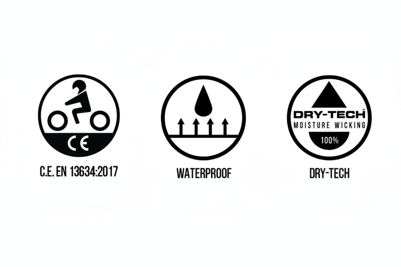 Feature icons highlighting the Joe Rocket Iron Age Waterproof Motorcycle Cruiser Boot certifications and technologies, including CE EN 13634:2017 certified motorcycle footwear, waterproof construction, and Dry-Tech moisture-wicking lining for enhanced protection, weather resistance, and all-day riding comfort.