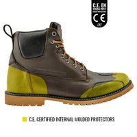Brown motorcycle boot showing CE certified internal molded protectors on a white background