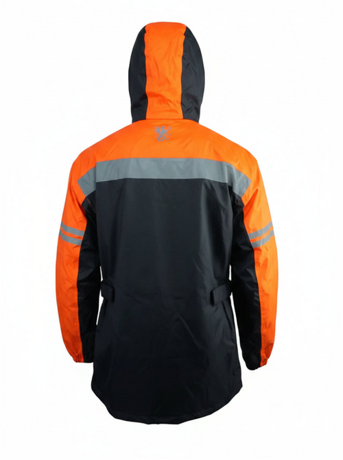 Gryphon Coastal Waterproof Motorcycle Rain Jacket rear view featuring a high-visibility orange and black design with reflective shoulder and sleeve stripes, adjustable waist tabs, integrated hood, and waterproof construction for increased rider visibility and all-weather motorcycle protection.