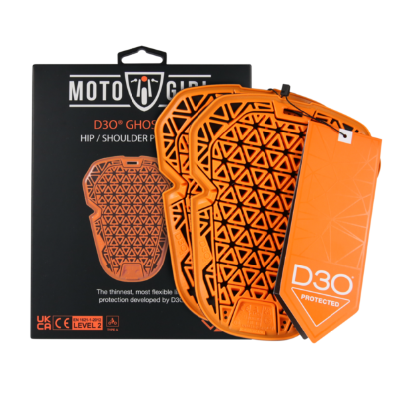 Orange protective gear with geometric pattern and 'MotoGirl' packaging on a white background