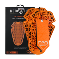 Orange knee/elbow protective pads with 'Moto Guard' packaging on a white background