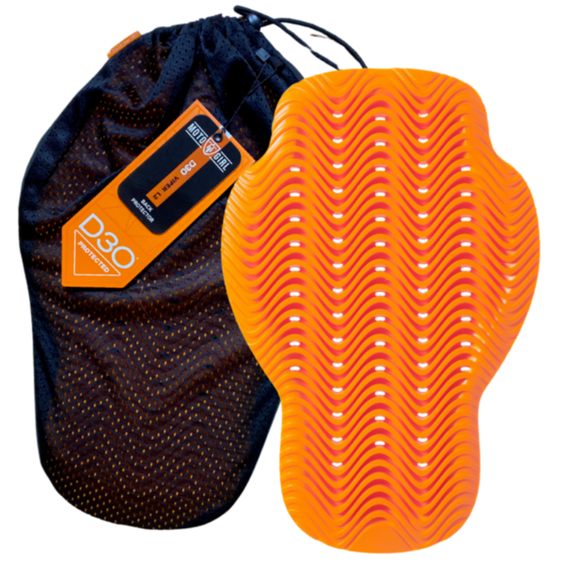 Orange protective pad with textured surface and black drawstring bag on a white background