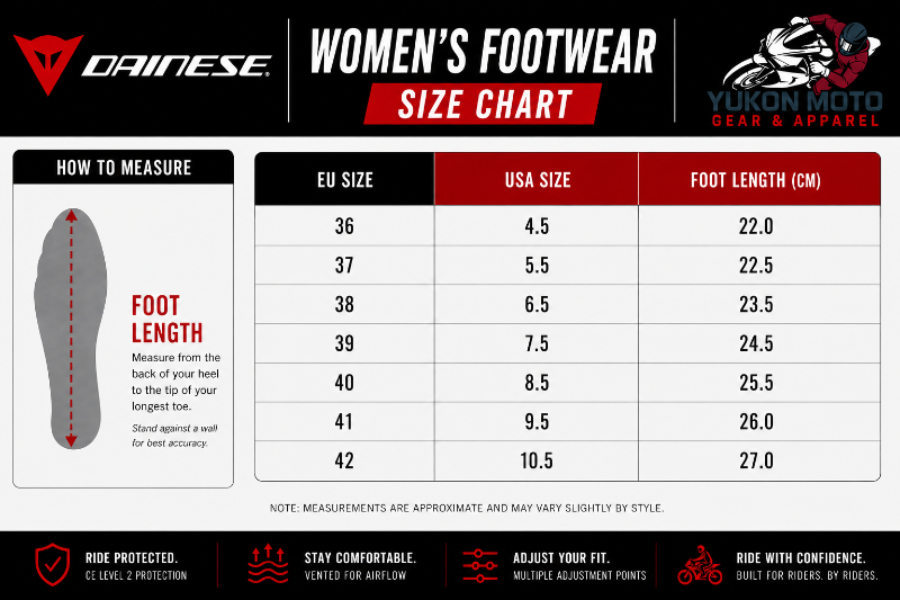 Dainese Women’s ENERGYCA D-WP Motorcycle Shoes Canada Size Chart