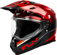 Fly Racing Trekker Kryptek Dual Sport Motorcycle Helmet in Red and Black with integrated clear face shield, adjustable peak visor, and ECE 22.06/DOT-certified adventure touring design for dual-sport and ADV riders in Canada.