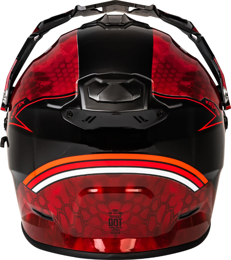 Rear view of the Fly Racing Trekker Kryptek Dual Sport Motorcycle Helmet in Red and Black featuring Kryptek camouflage graphics, rear exhaust vents, adjustable peak visor, and ECE 22.06/DOT-certified adventure touring protection for riders in Canada.