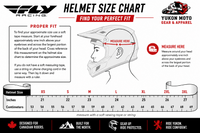 Fly Racing motorcycle helmet size chart showing head measurement instructions, inch and centimeter sizing from XS to 3XL, and proper helmet fit guide for motorcycle riders in Canada.