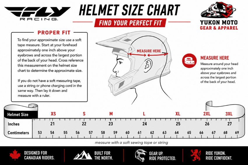 Fly Racing motorcycle helmet size chart showing head measurement instructions, inch and centimeter sizing from XS to 3XL, and proper helmet fit guide for motorcycle riders in Canada.