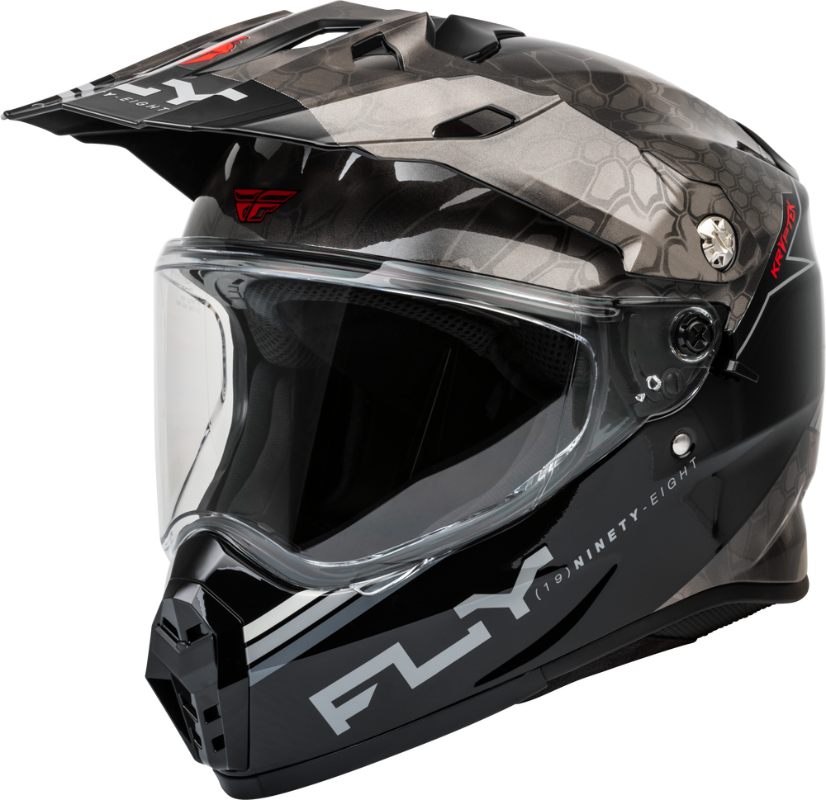 Fly Racing Trekker Kryptek Dual Sport Motorcycle Helmet in Grey with integrated clear face shield, adjustable peak visor, and adventure-ready design for touring, dual-sport, and ADV riding in Canada.