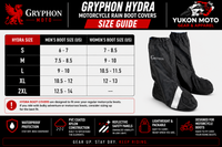 Gryphon Hydra motorcycle rain boot covers size guide with boot display.