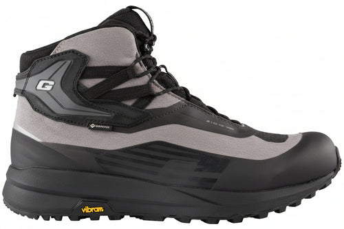 Black and gray motorcycle boot with Gaerne branding on a white background