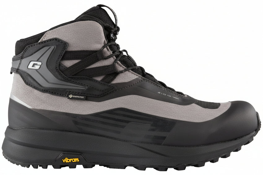 Black and gray motorcycle boot with Gaerne branding on a white background