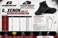 Gaerne G_XENON GORE-TEX Men's Motorcycle Shoes size chart featuring EU, US, and UK sizing with foot length measurements in centimeters, step-by-step foot measuring instructions, fit guide, and key features including GORE-TEX® waterproof protection, Vibram® outsole, CE EN13634:2017 certification, reinforced heel and toe protection, breathable comfort, and lightweight motorcycle riding design.