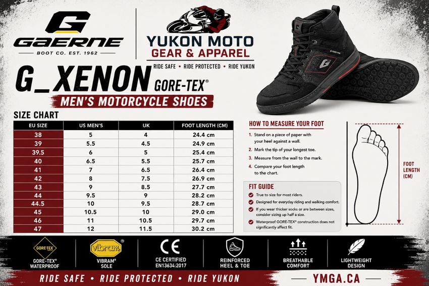 Gaerne G_XENON GORE-TEX Men's Motorcycle Shoes size chart featuring EU, US, and UK sizing with foot length measurements in centimeters, step-by-step foot measuring instructions, fit guide, and key features including GORE-TEX® waterproof protection, Vibram® outsole, CE EN13634:2017 certification, reinforced heel and toe protection, breathable comfort, and lightweight motorcycle riding design.