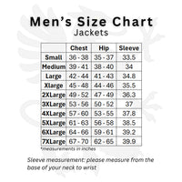 Gryphon Men's size chart for jackets with measurements in inches.