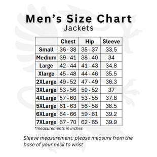 Gryphon Men's size chart for jackets with measurements in inches.