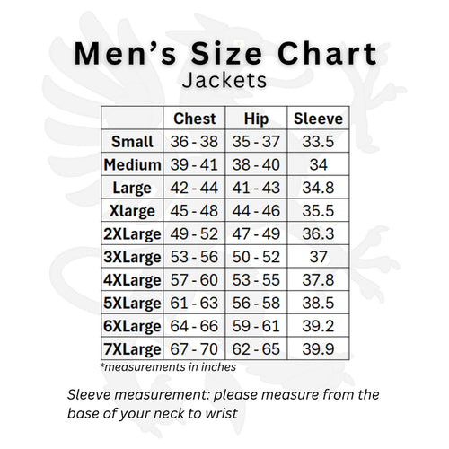 Gryphon Men's size chart for jackets with measurements in inches.