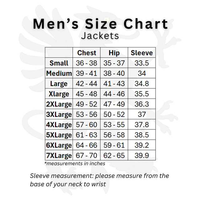 Gryphon Men's size chart for jackets with measurements in inches.
