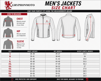 Men's jackets size chart with measurements for chest, hip, and sleeve length on a white background.