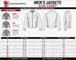 Men's jackets size chart with measurements for chest, hip, and sleeve length on a white background.