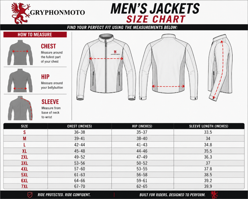 Men's jackets size chart with measurements for chest, hip, and sleeve length on a white background.