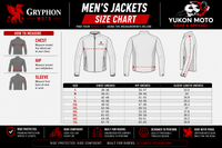 Men's jackets size chart with measurements for chest, hip, and sleeve length, featuring Gryphon Moto and Yukon Moto branding.