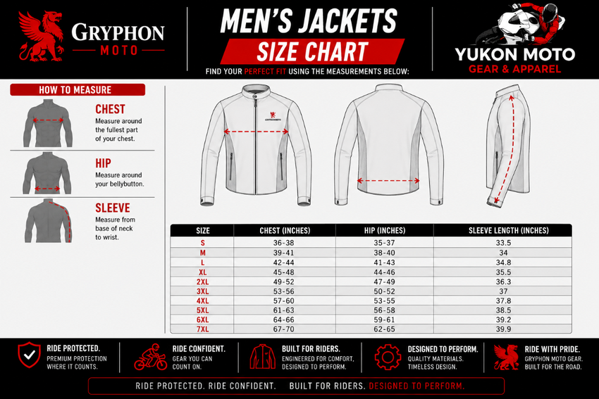 Men's jackets size chart with measurements for chest, hip, and sleeve length, featuring Gryphon Moto and Yukon Moto branding.