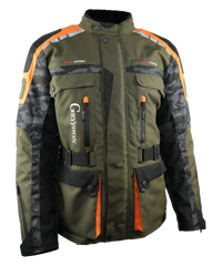 Green and black jacket with orange accents on a white background