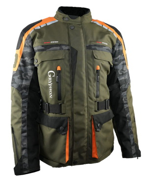 Green and black jacket with orange accents on a white background