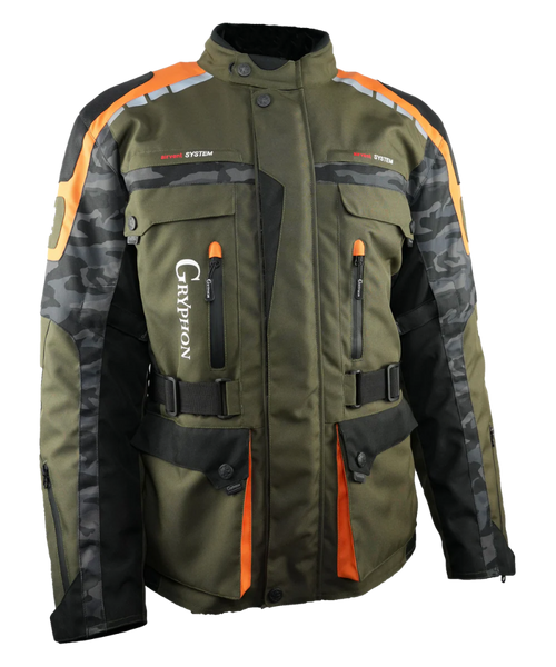 Gryphon Ozark Adventure Motorcycle Jacket Olive Green and Orange with AirVent ventilation, waterproof construction, reflective detailing, adjustable fit, and multiple cargo pockets. Premium adventure touring motorcycle jacket for dual-sport and ADV riders, available in Canada from Yukon Moto Gear & Apparel.
