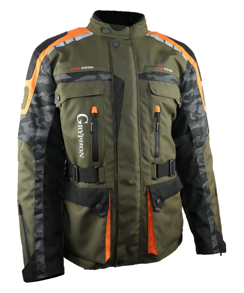 Green and black jacket with orange accents on a white background