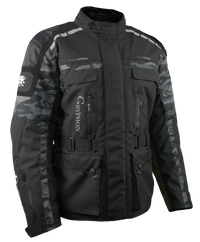 Black and gray camouflage jacket with brand logo on a white background