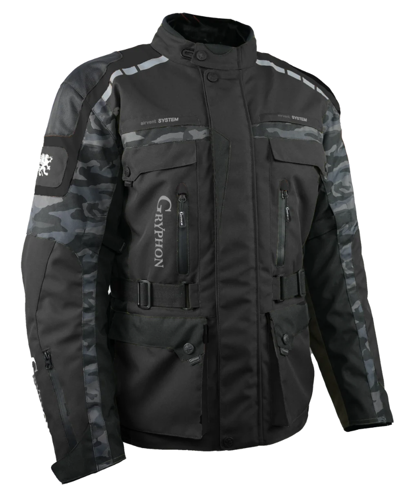Black and gray camouflage jacket with brand logo on a white background