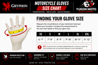 Motorcycle gloves size chart with measurement guide and brand logos.