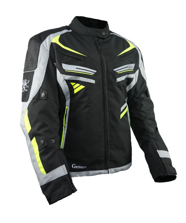 Gryphon Women's TWISTED SISTERS Waterproof Jacket in Black with Grey and Hi Viz accents motorcycle jacket with reflective elements on a white background