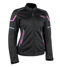 Front view of the Gryphon Women’s AQUA AIR mesh motorcycle jacket in black with bright pink accents, reflective silver detailing, zippered pockets, full-length sleeves and a high collar.