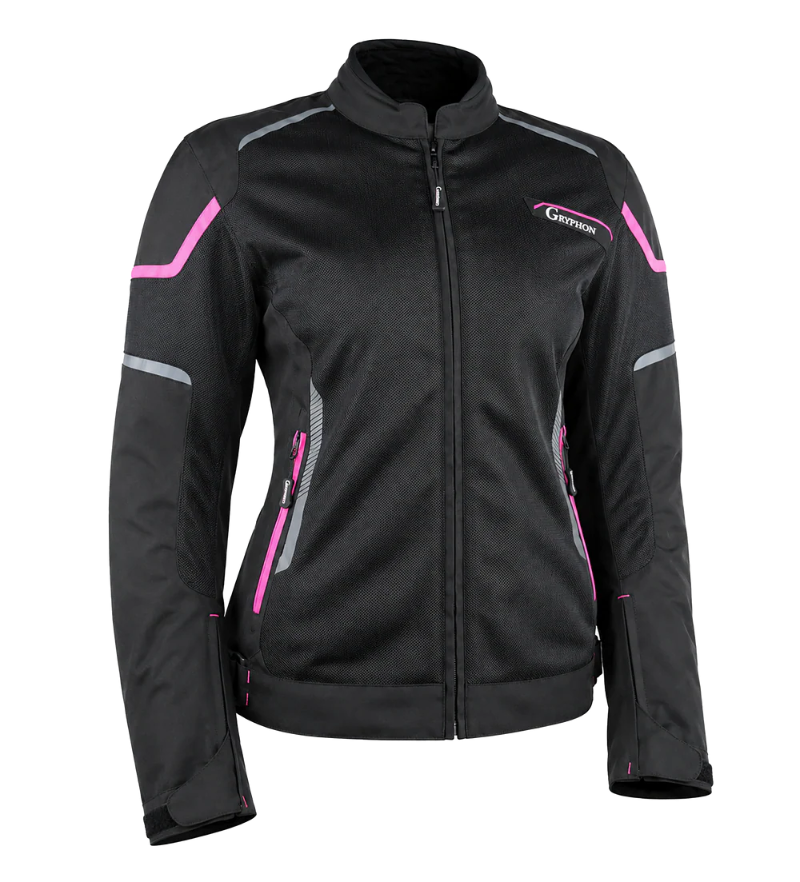 Front view of the Gryphon Women’s AQUA AIR mesh motorcycle jacket in black with bright pink accents, reflective silver detailing, zippered pockets, full-length sleeves and a high collar.