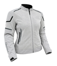 Front angled view of the Gryphon Women’s AQUA AIR mesh motorcycle jacket in Desert Grey with black reflective accents, high-flow mesh panels, reinforced shoulders and sleeves, zippered waist pockets, adjustable cuffs, full-length front zipper and a high collar.