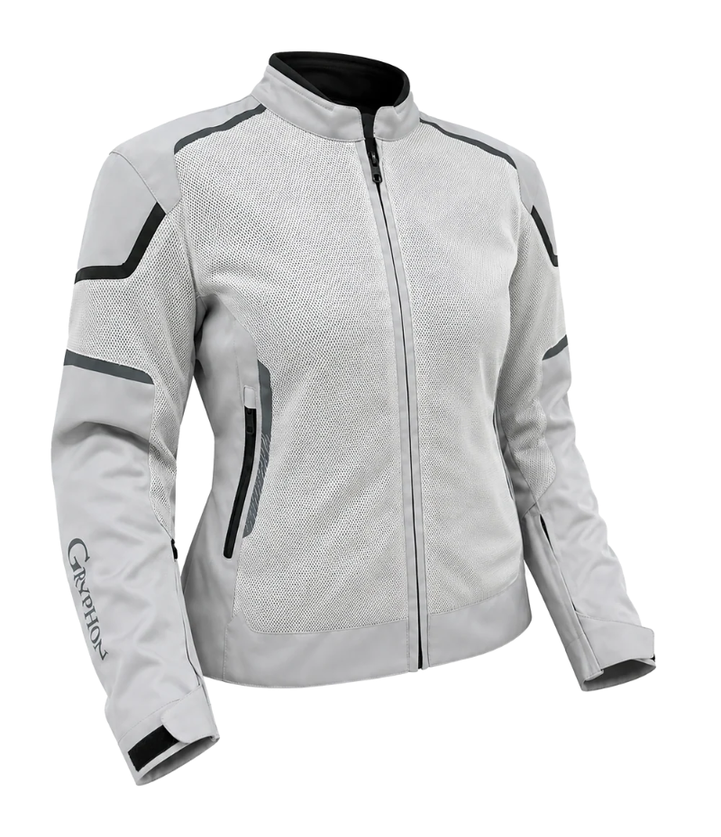 Front angled view of the Gryphon Women’s AQUA AIR mesh motorcycle jacket in Desert Grey with black reflective accents, high-flow mesh panels, reinforced shoulders and sleeves, zippered waist pockets, adjustable cuffs, full-length front zipper and a high collar.