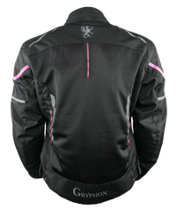Back view of the Gryphon Women’s AQUA AIR mesh motorcycle jacket in black with bright pink and reflective silver accents, large high-flow mesh panels, reinforced shoulders and sleeves, Gryphon emblem below the collar and an extended rear hem with Gryphon branding.