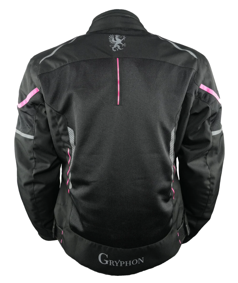 Back view of the Gryphon Women’s AQUA AIR mesh motorcycle jacket in black with bright pink and reflective silver accents, large high-flow mesh panels, reinforced shoulders and sleeves, Gryphon emblem below the collar and an extended rear hem with Gryphon branding.