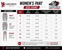 Gryphon Moto women's pant size chart with measurement guide and brand logos.
