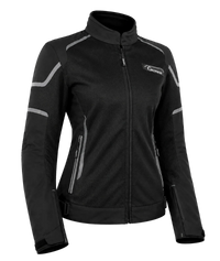Front view of the Gryphon Women’s AQUA AIR mesh motorcycle jacket in black with grey reflective accents, high-flow mesh panels, reinforced shoulders and sleeves, zippered waist pockets, adjustable side straps, full-length front zipper and a high collar.