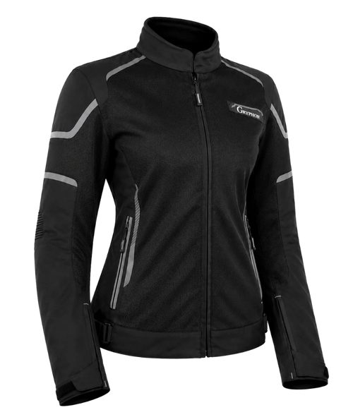 Front view of the Gryphon Women’s AQUA AIR mesh motorcycle jacket in black with grey reflective accents, high-flow mesh panels, reinforced shoulders and sleeves, zippered waist pockets, adjustable side straps, full-length front zipper and a high collar.