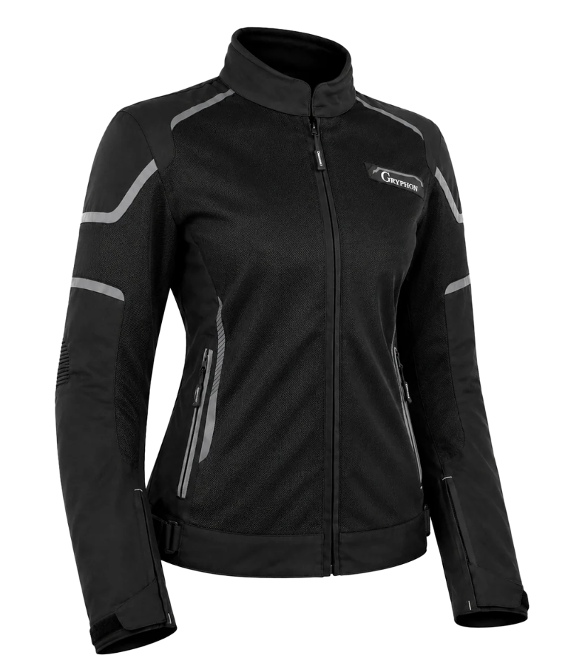 Front view of the Gryphon Women’s AQUA AIR mesh motorcycle jacket in black with grey reflective accents, high-flow mesh panels, reinforced shoulders and sleeves, zippered waist pockets, adjustable side straps, full-length front zipper and a high collar.